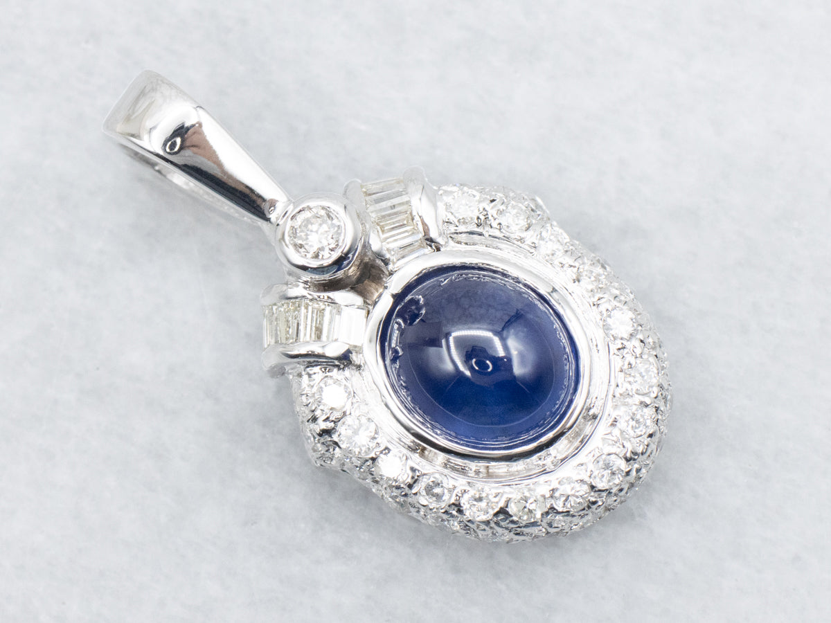 White Gold Sapphire Cabochon and Diamond Pendant