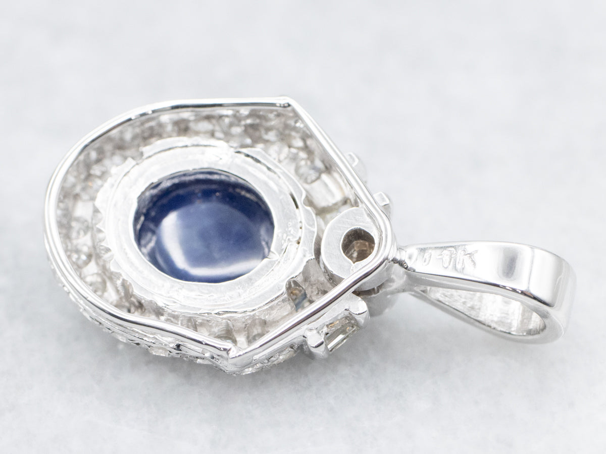 White Gold Sapphire Cabochon and Diamond Pendant