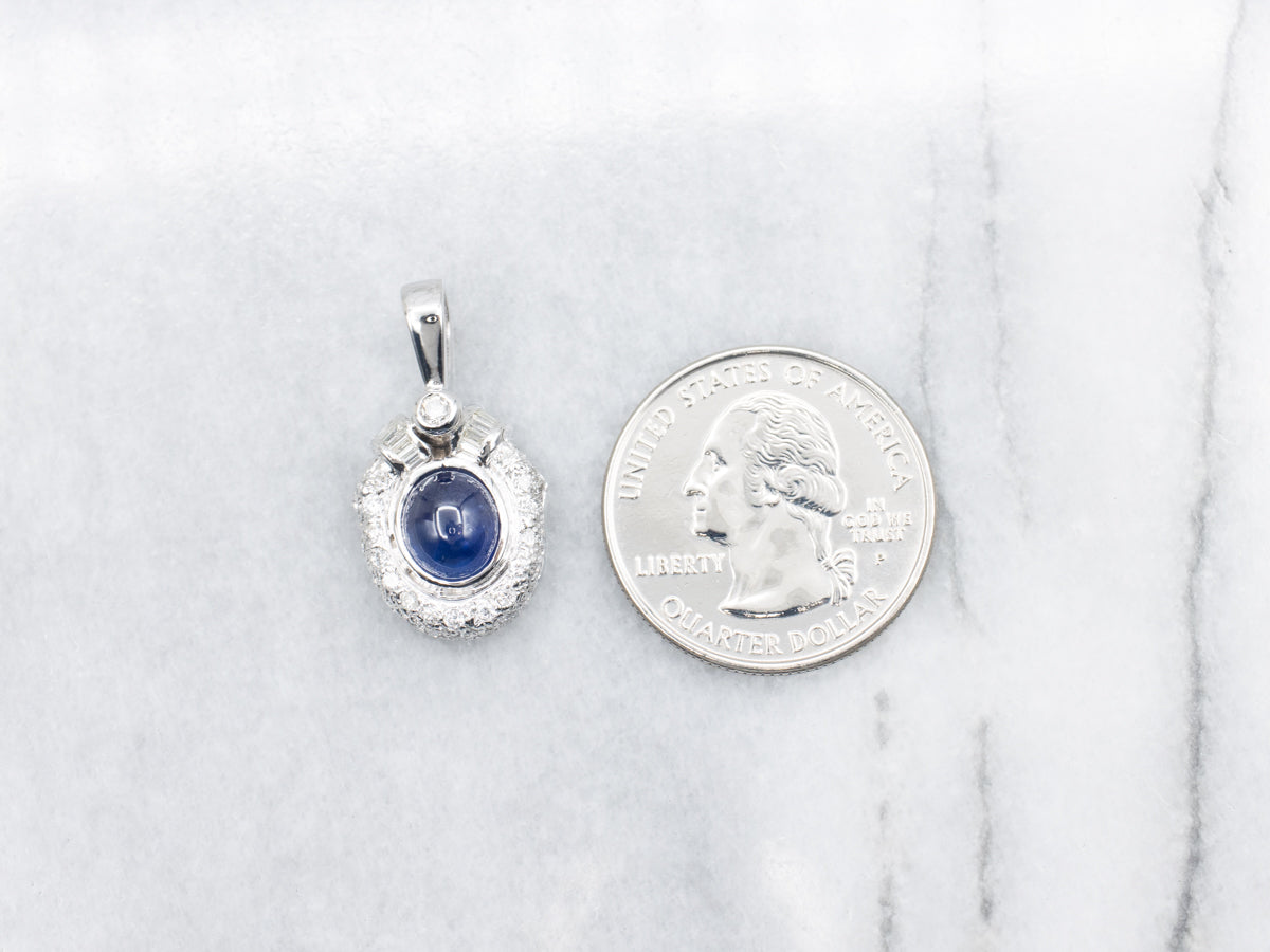 White Gold Sapphire Cabochon and Diamond Pendant