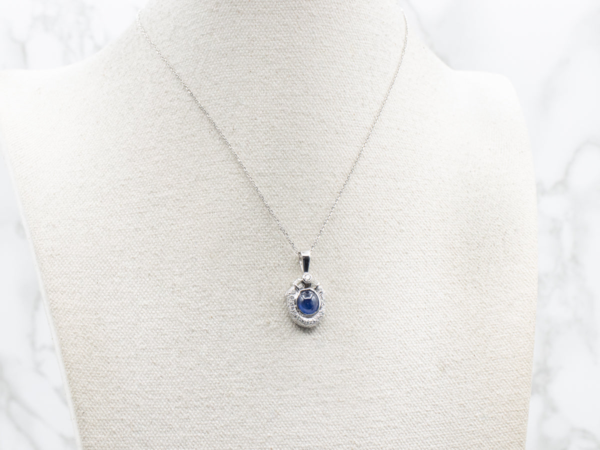 White Gold Sapphire Cabochon and Diamond Pendant