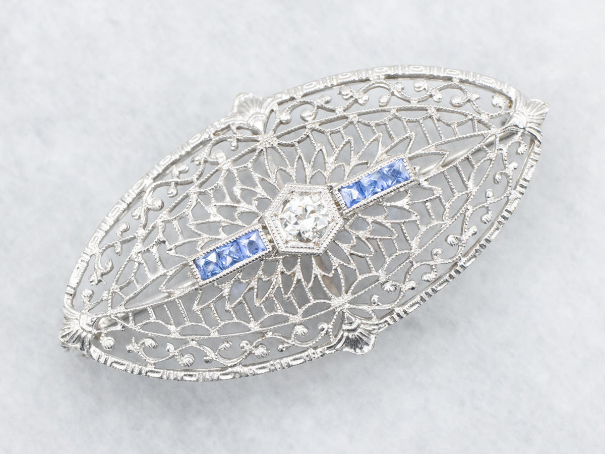European Cut Diamond and Sapphire Art Deco Filigree Brooch