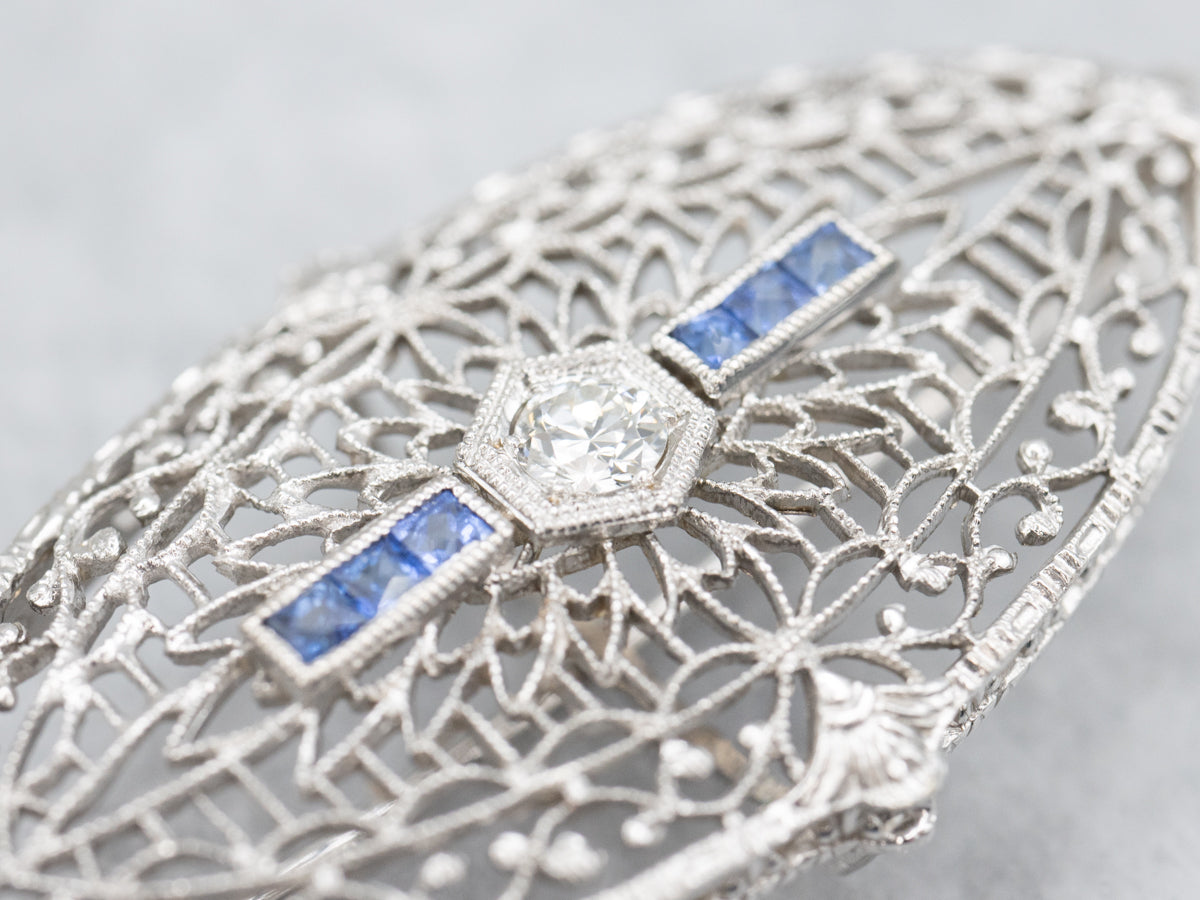 European Cut Diamond and Sapphire Art Deco Filigree Brooch