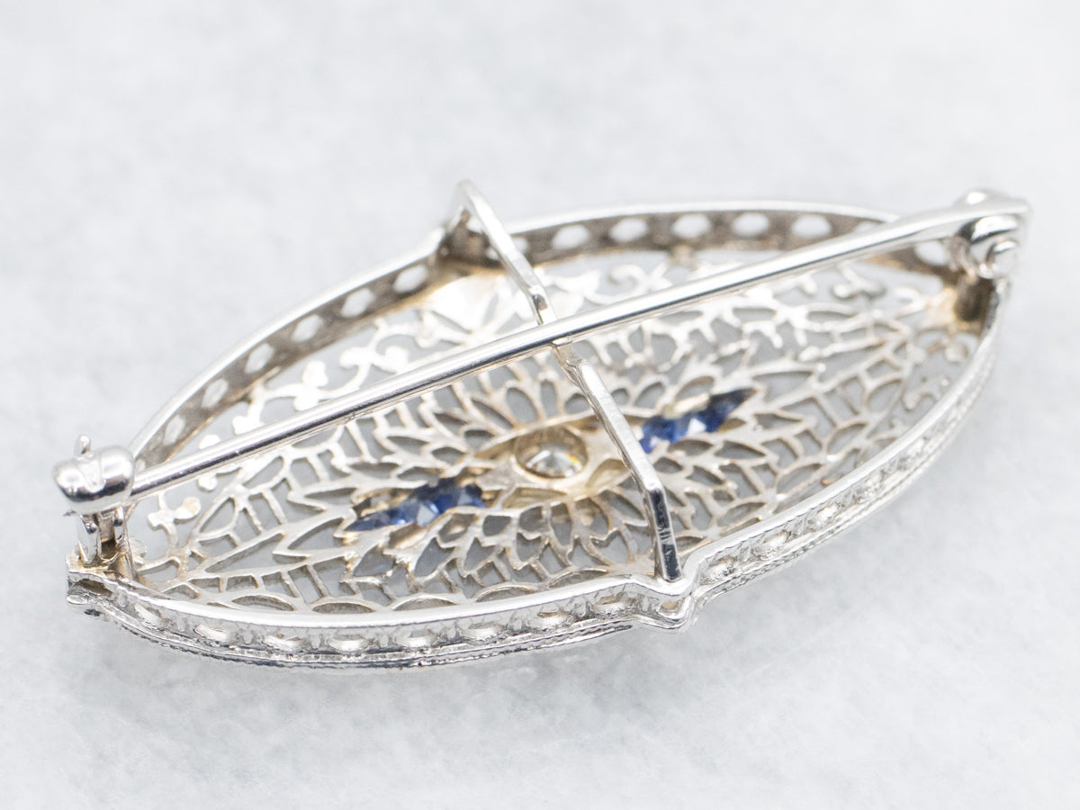 European Cut Diamond and Sapphire Art Deco Filigree Brooch