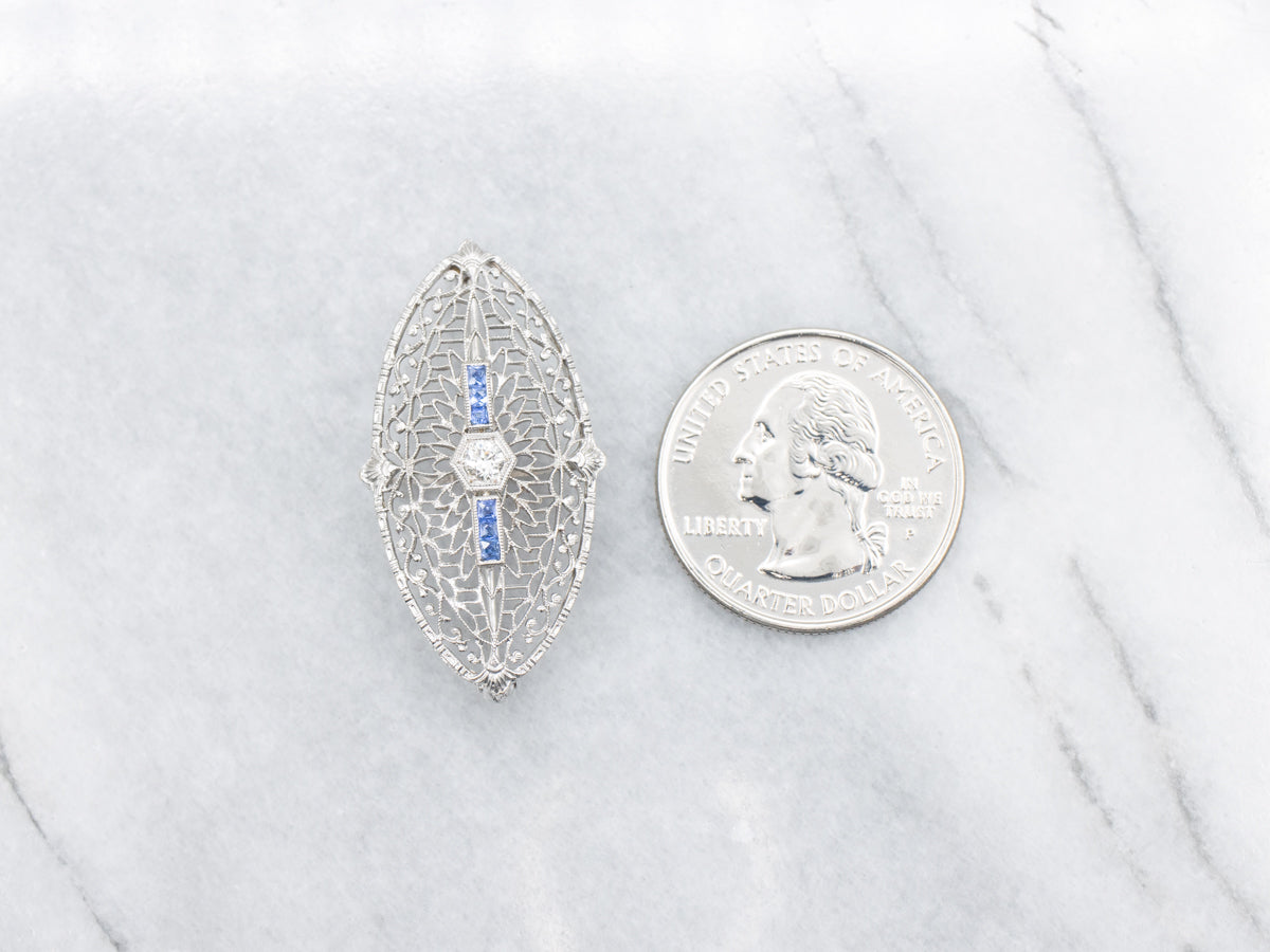 European Cut Diamond and Sapphire Art Deco Filigree Brooch
