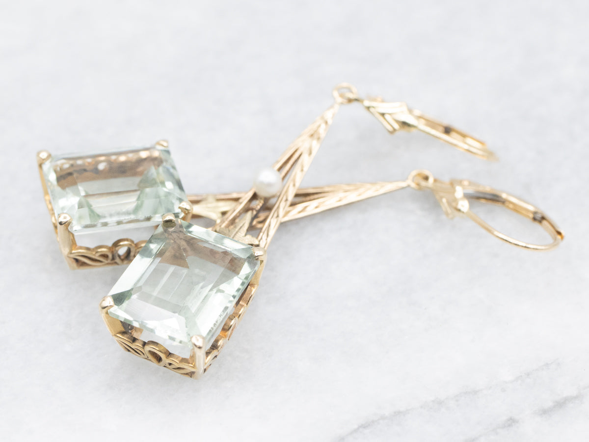 Botanical Green Quartz and Seed Pearl Drop Earrings