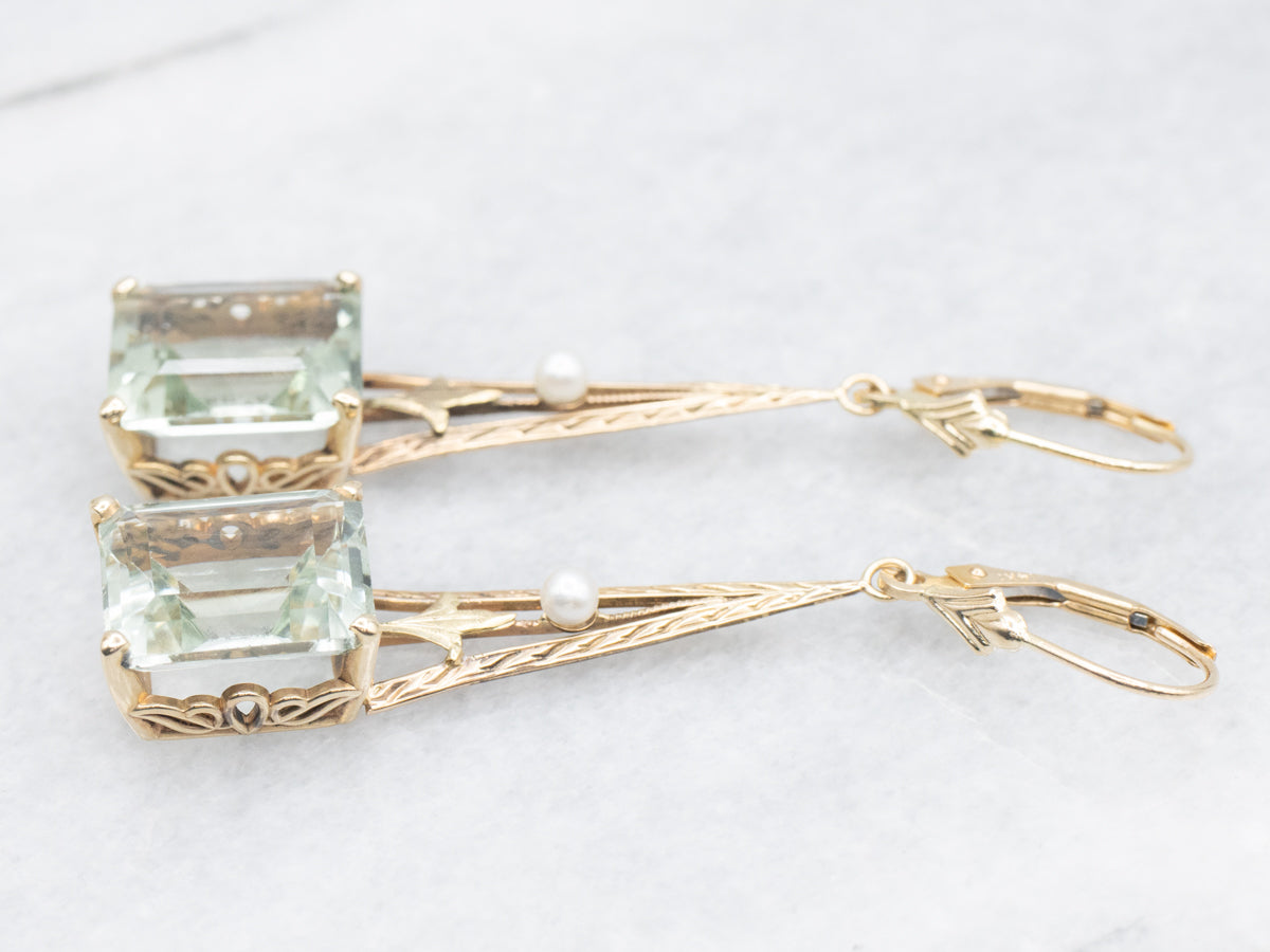 Botanical Green Quartz and Seed Pearl Drop Earrings