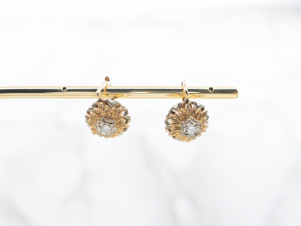 Ornate Vintage Two Tone Diamond Flower Drop Earrings