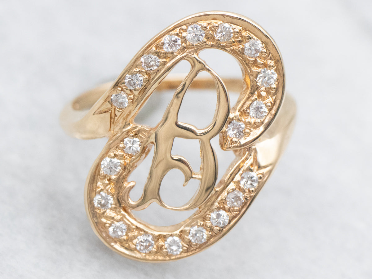 Unique Gold "B" Initial Monogram Ring with Diamond Frame
