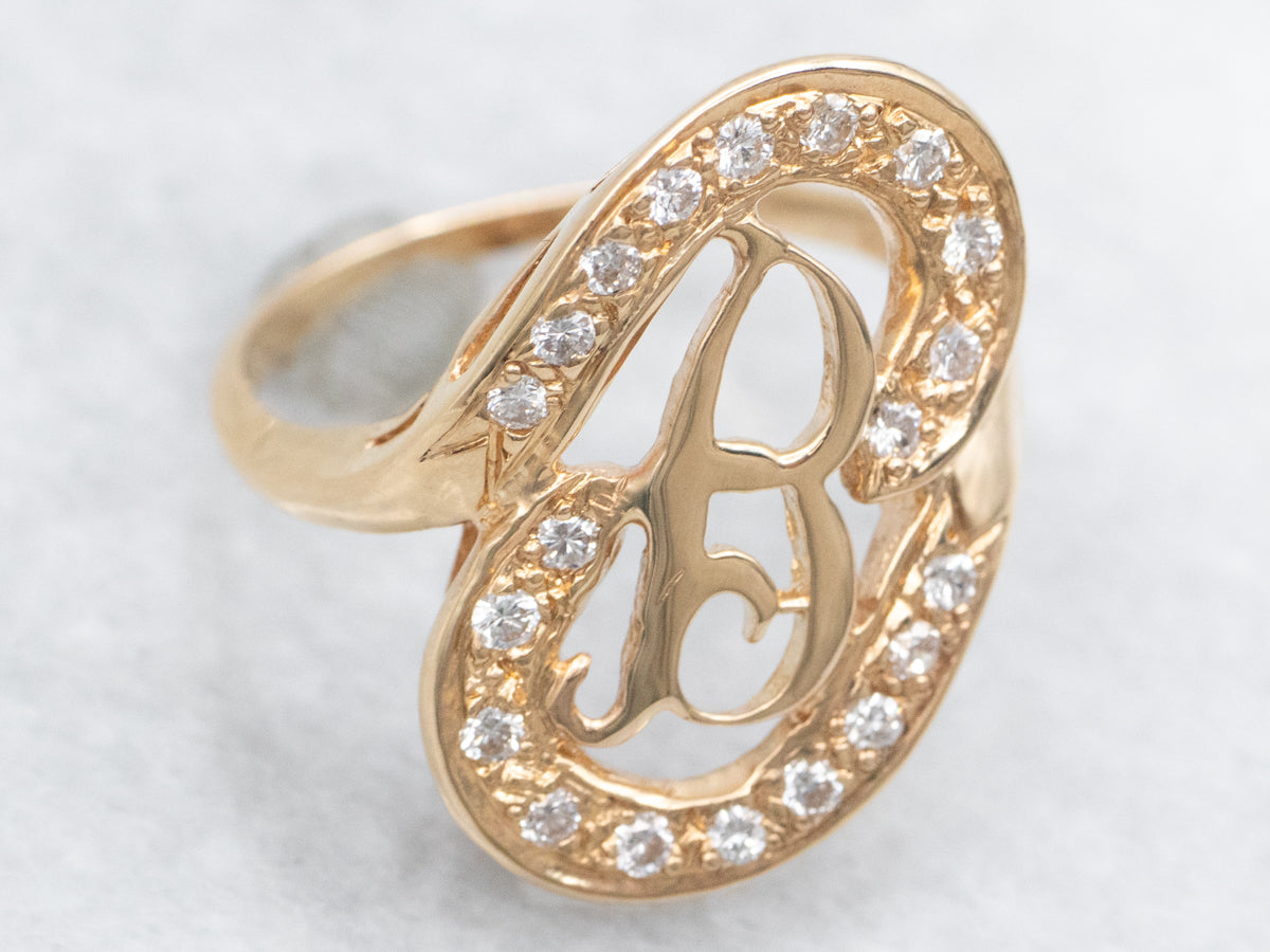 Unique Gold "B" Initial Monogram Ring with Diamond Frame