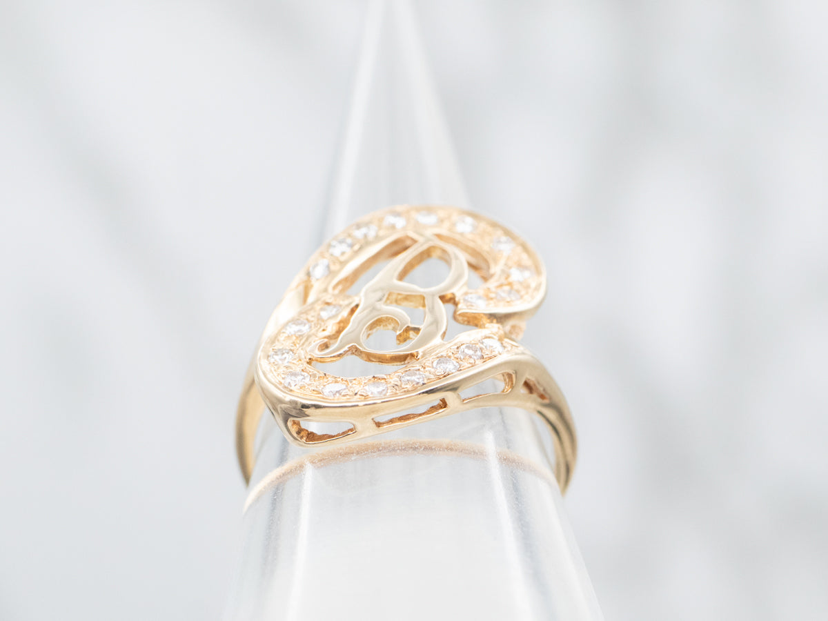 Unique Gold "B" Initial Monogram Ring with Diamond Frame
