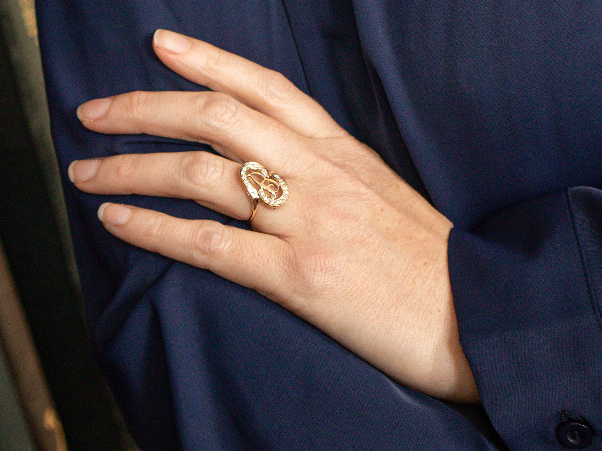 Unique Gold "B" Initial Monogram Ring with Diamond Frame