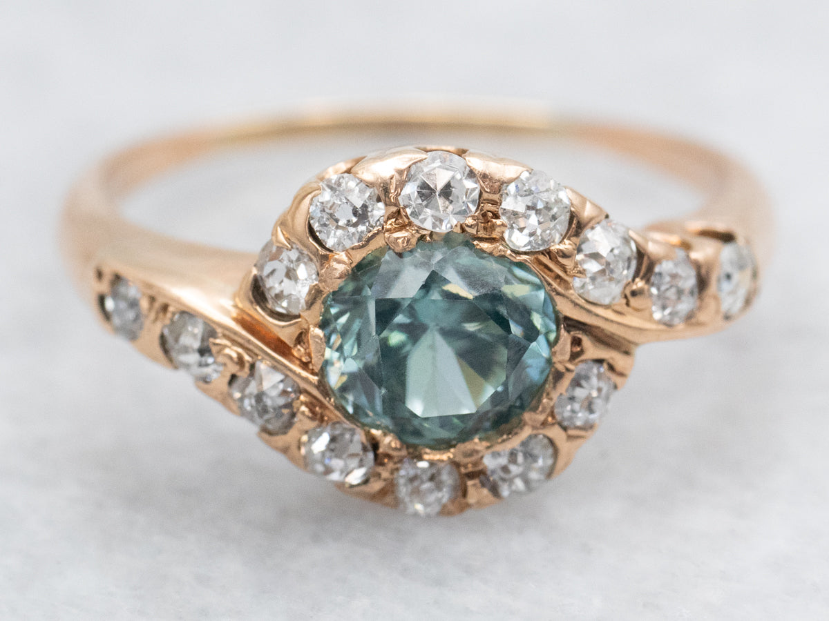 Antique Blue Zircon and Diamond Halo Bypass Ring
