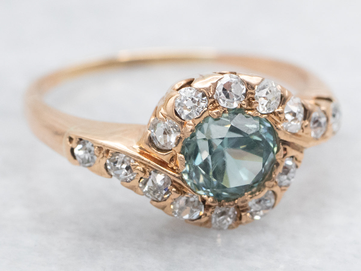 Antique Blue Zircon and Diamond Halo Bypass Ring