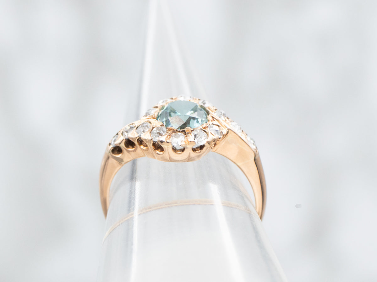 Antique Blue Zircon and Diamond Halo Bypass Ring