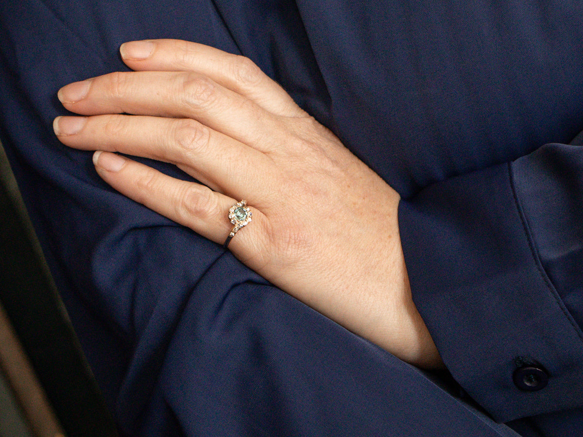 Antique Blue Zircon and Diamond Halo Bypass Ring