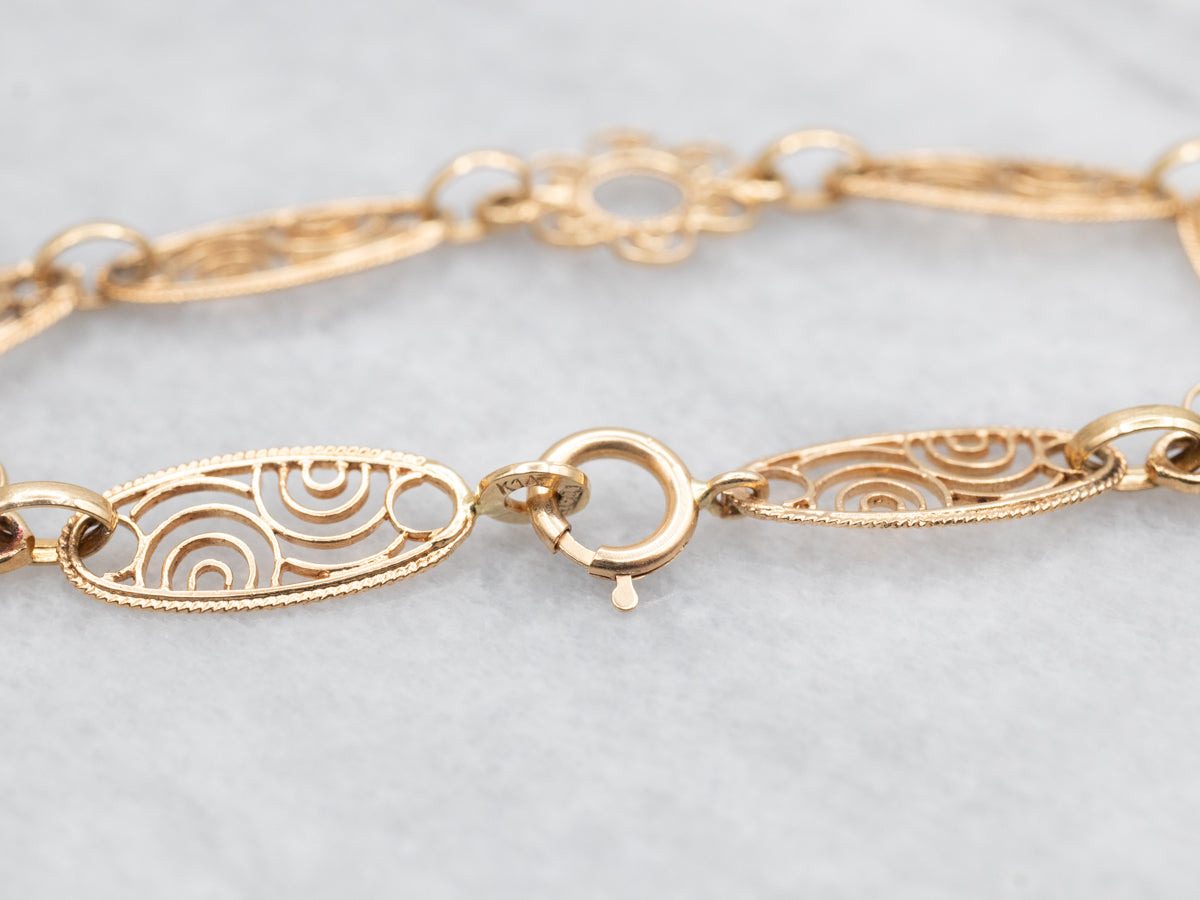 Scrolling Floral and Gold Filigree Link Chain Bracelet