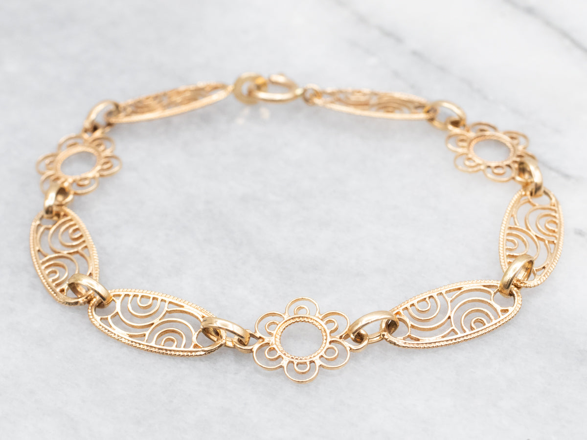 Scrolling Floral and Gold Filigree Link Chain Bracelet