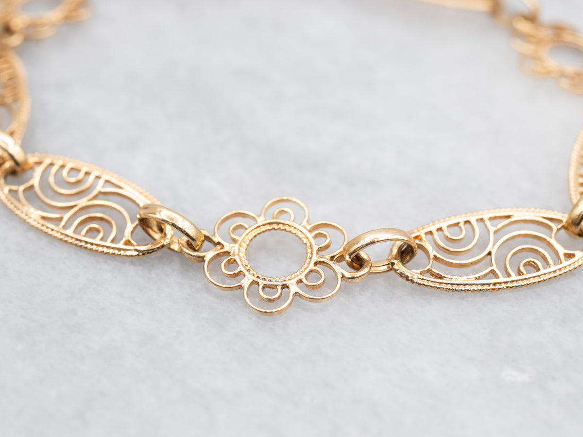 Scrolling Floral and Gold Filigree Link Chain Bracelet