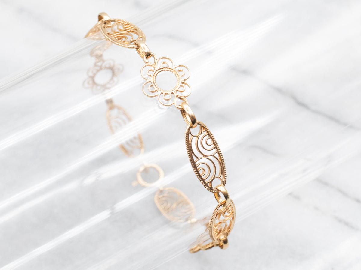 Scrolling Floral and Gold Filigree Link Chain Bracelet