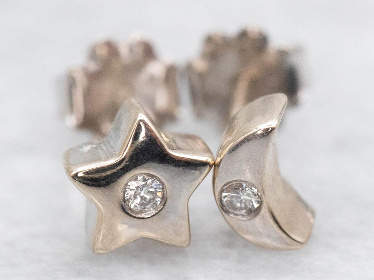 Mismatched Star and Crescent Moon Diamond Stud Earrings