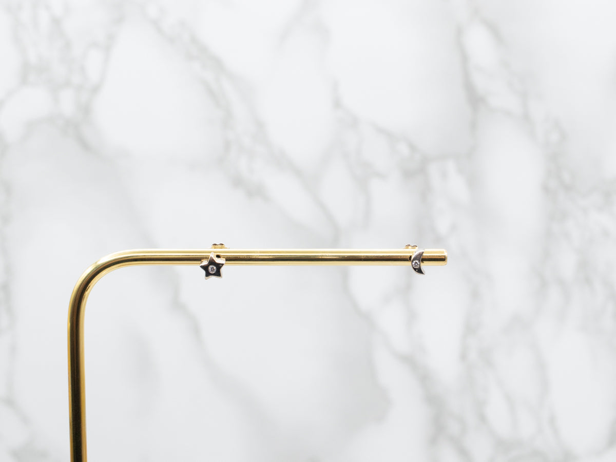 Mismatched Star and Crescent Moon Diamond Stud Earrings