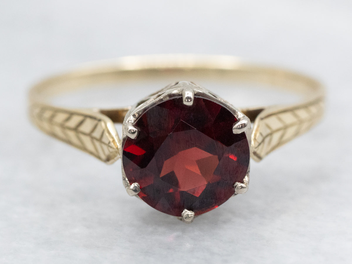 Etched Two Tone Gold Garnet Solitaire Ring