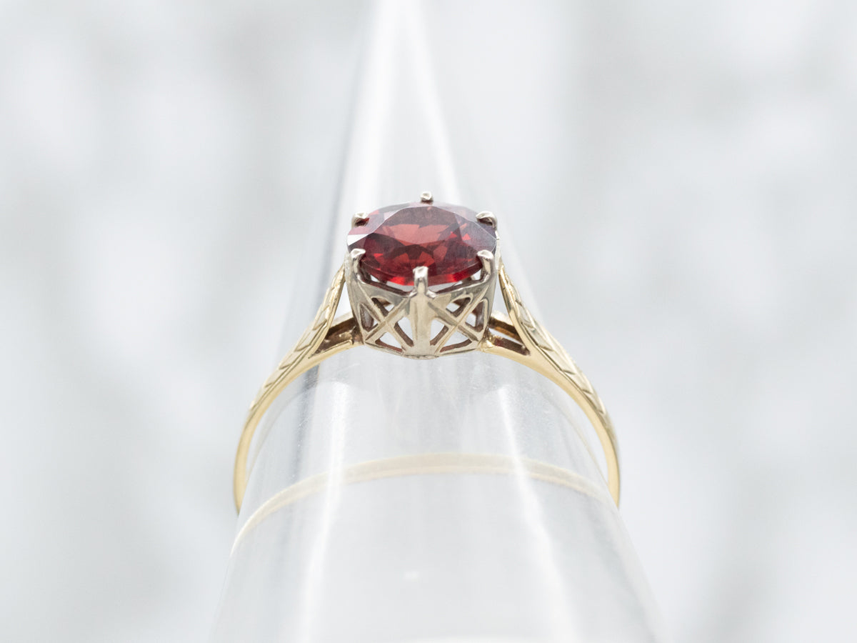 Etched Two Tone Gold Garnet Solitaire Ring