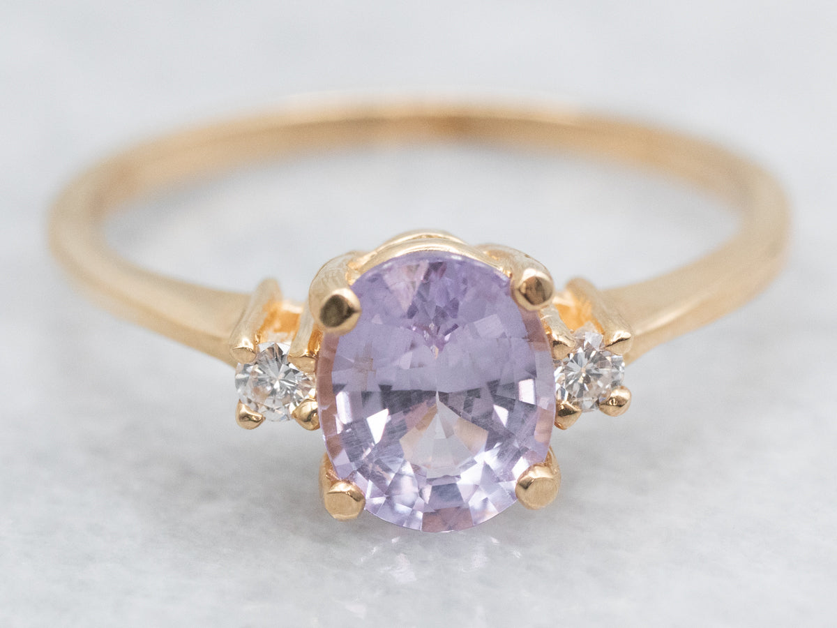 Pink-Purple Spinel and Diamond Three Stone Ring