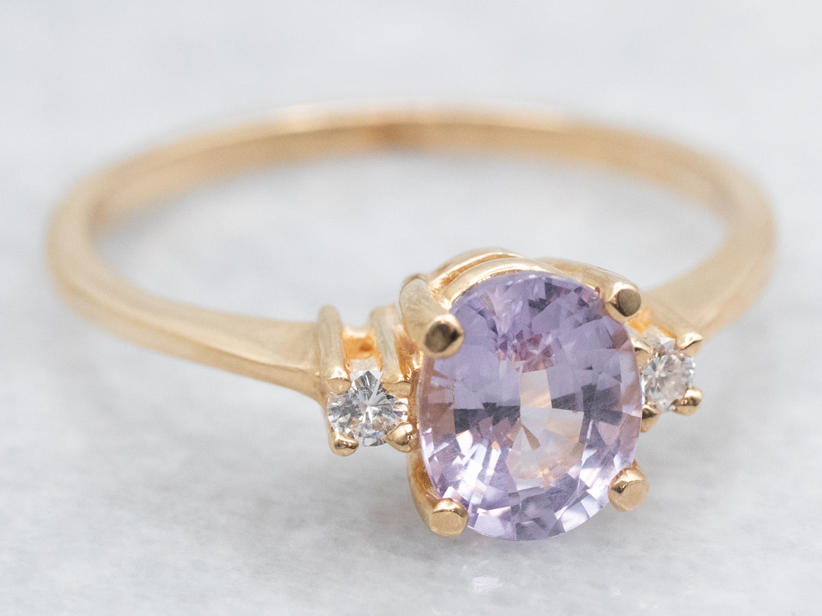 Pink-Purple Spinel and Diamond Three Stone Ring