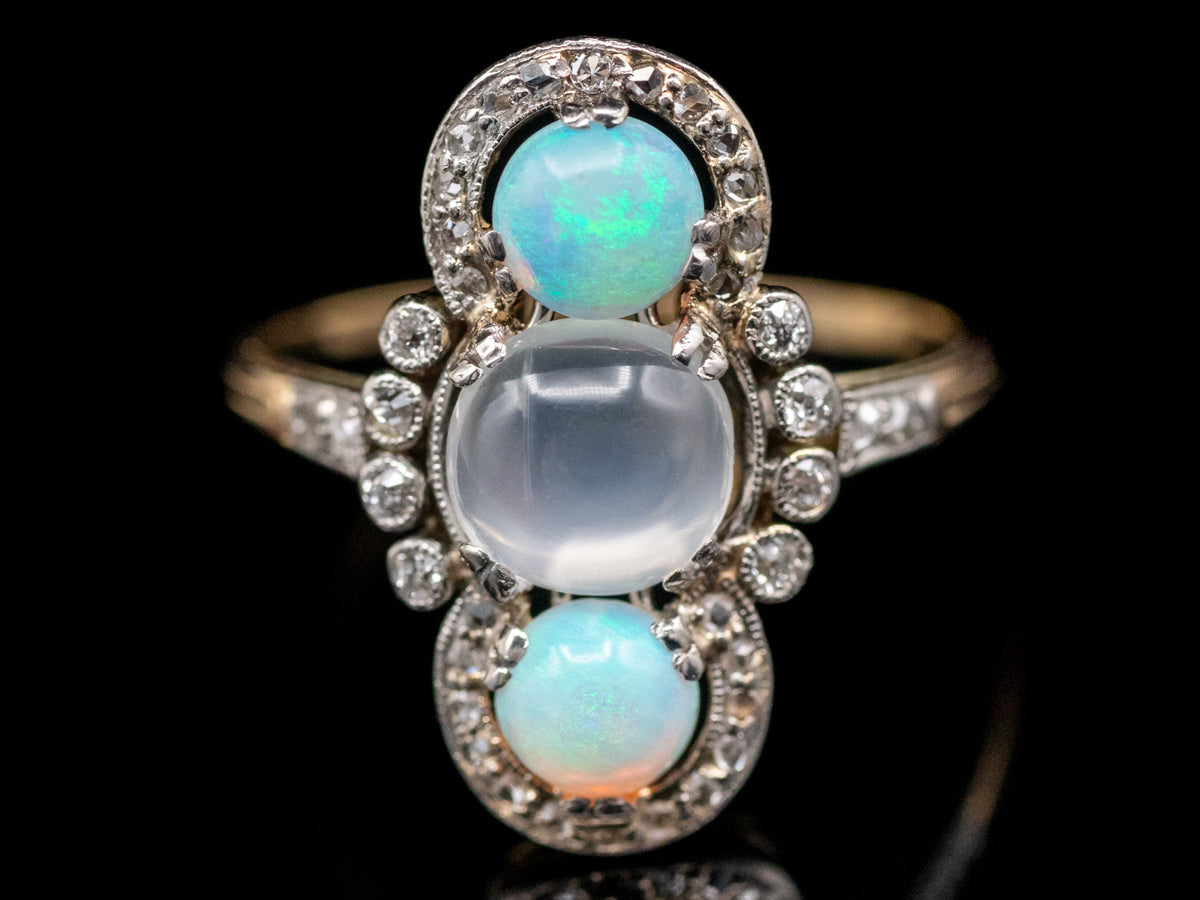 Antique Moonstone Opal Old Mine and Rose Cut Diamond Ring