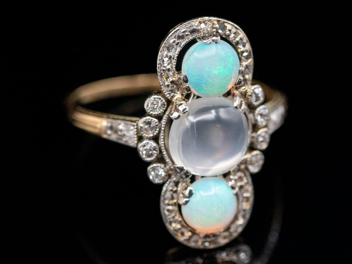 Antique Moonstone Opal Old Mine and Rose Cut Diamond Ring