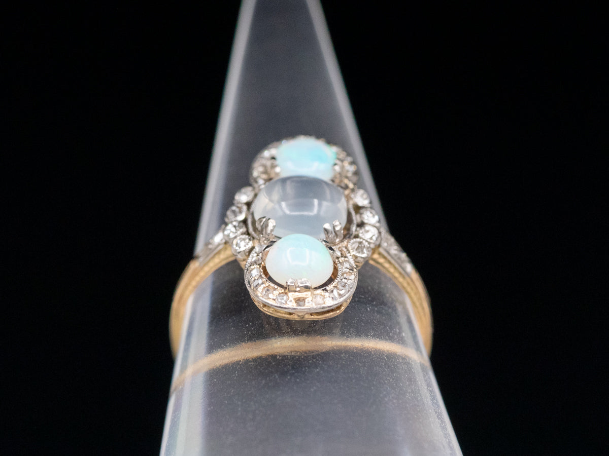 Antique Moonstone Opal Old Mine and Rose Cut Diamond Ring