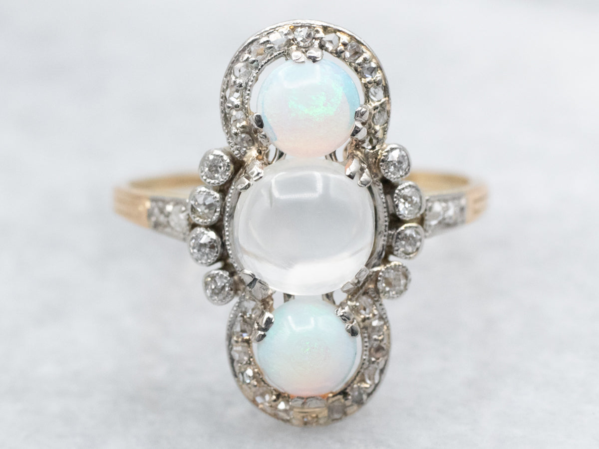Antique Moonstone Opal Old Mine and Rose Cut Diamond Ring