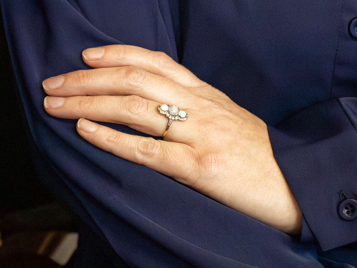 Antique Moonstone Opal Old Mine and Rose Cut Diamond Ring