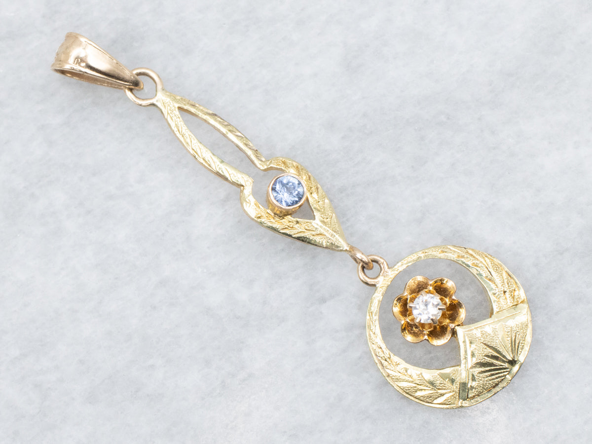 Victorian Old Mine Cut Diamond and Sapphire Lavalier Pendant