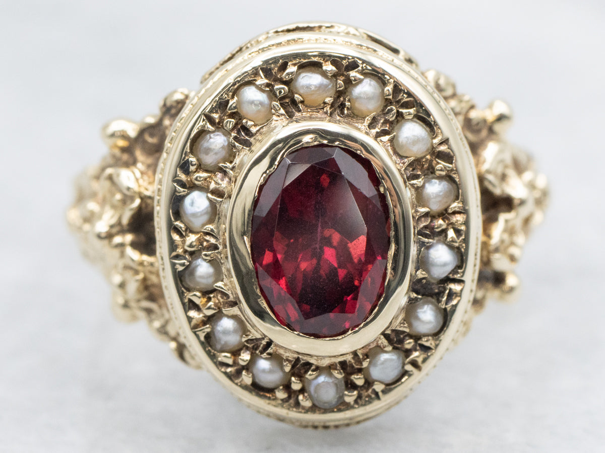 Antique Antique Gold Garnet and Seed Pearl Halo Ring
