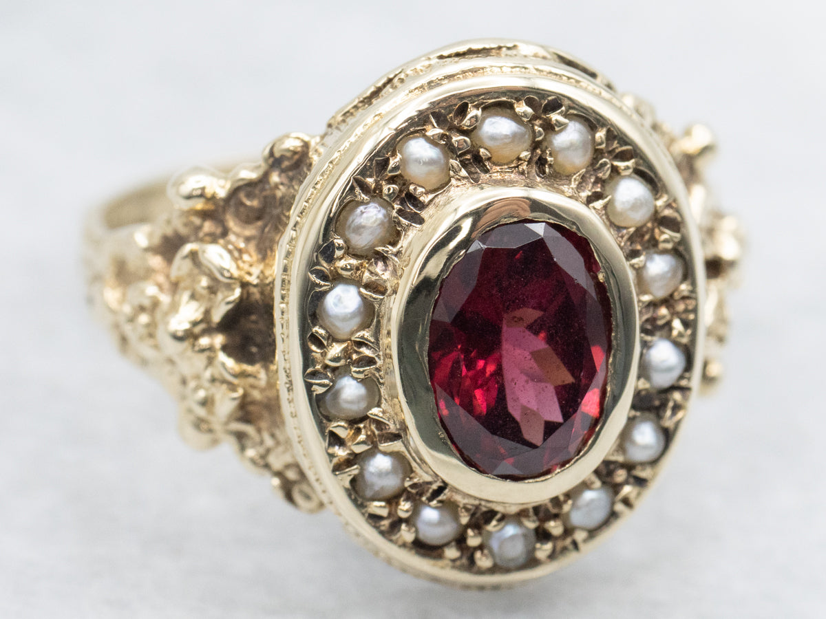Antique Antique Gold Garnet and Seed Pearl Halo Ring
