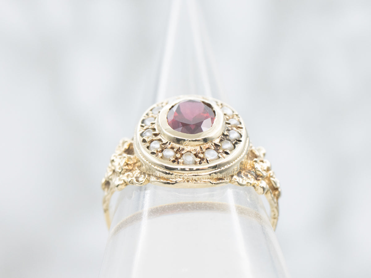 Antique Antique Gold Garnet and Seed Pearl Halo Ring
