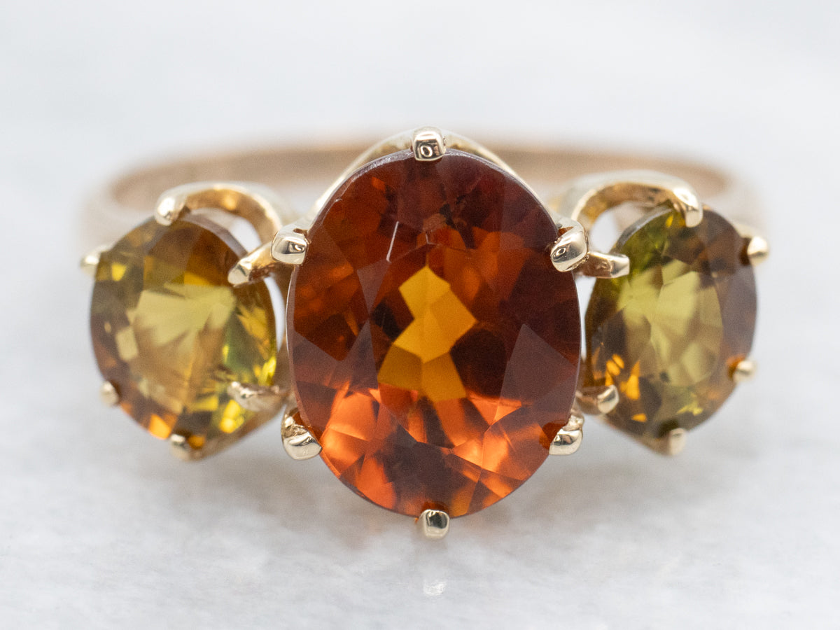 Antique Citrine and Andalusite Three Stone Ring