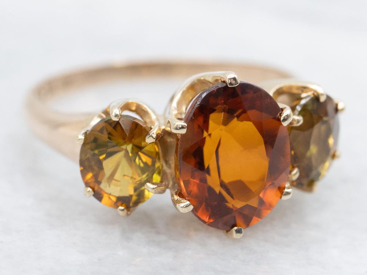 Antique Citrine and Andalusite Three Stone Ring