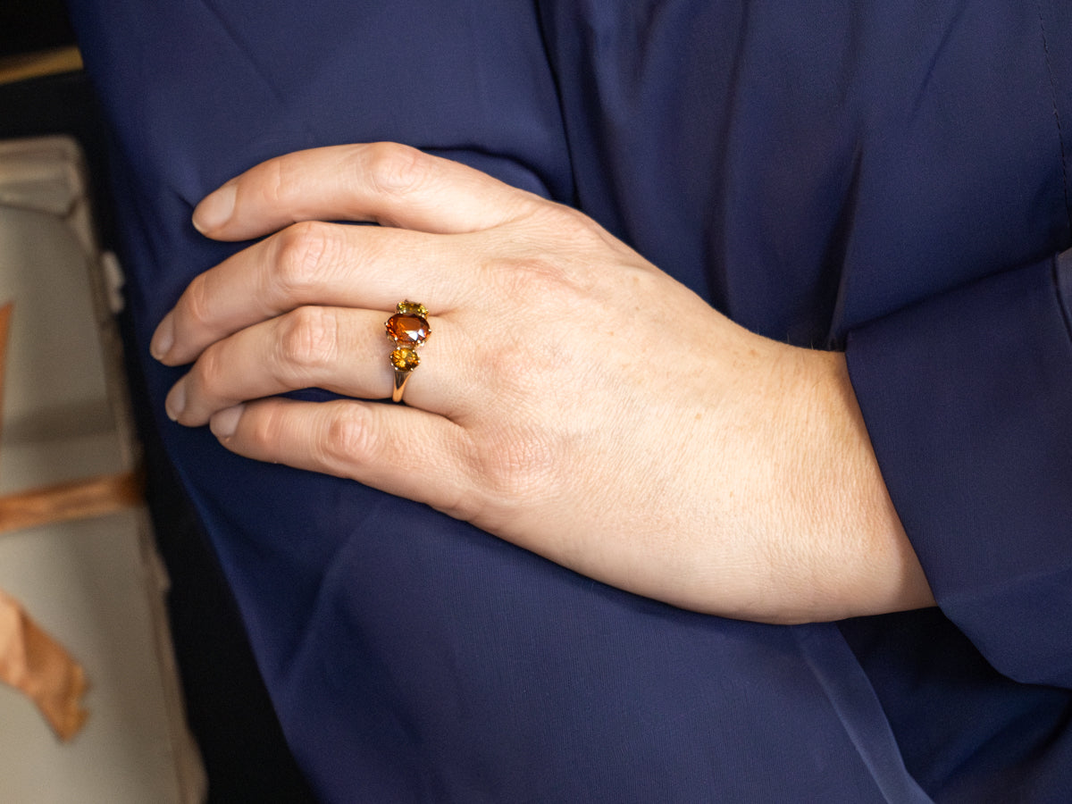 Antique Citrine and Andalusite Three Stone Ring