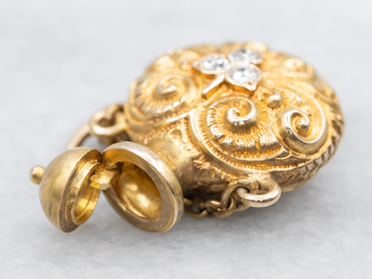 Antique Carved Swirl Old Mine Cut Diamond Perfume Vessel Pendant