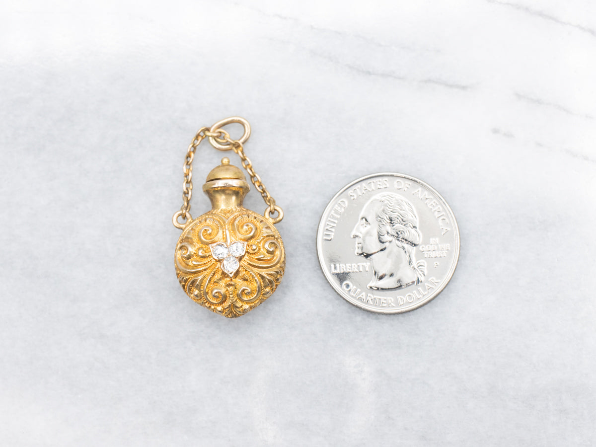 Antique Carved Swirl Old Mine Cut Diamond Perfume Vessel Pendant