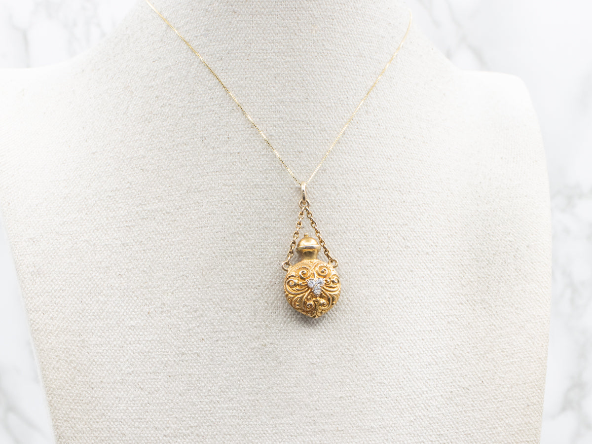 Antique Carved Swirl Old Mine Cut Diamond Perfume Vessel Pendant