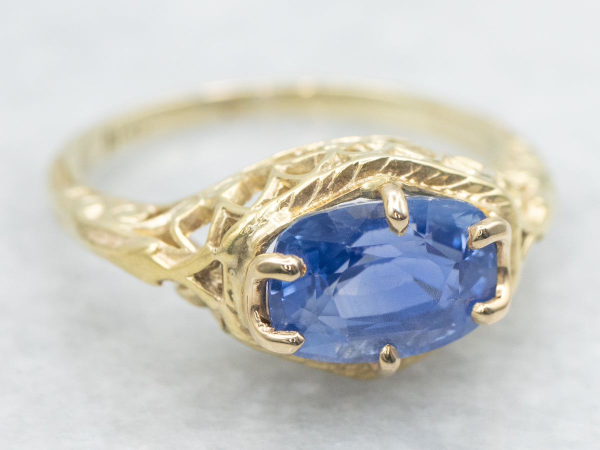 Antique Green Gold Filigree and Rare Ceylon Sapphire Ring