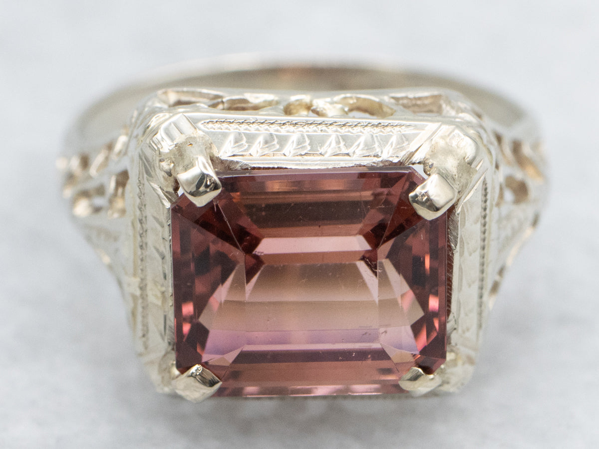 Dusty Rose Pink Tourmaline Art Deco Ring