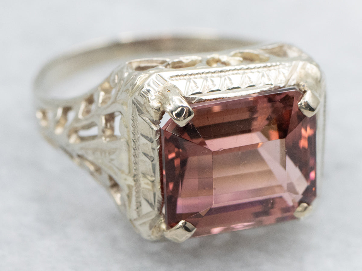 Dusty Rose Pink Tourmaline Art Deco Ring