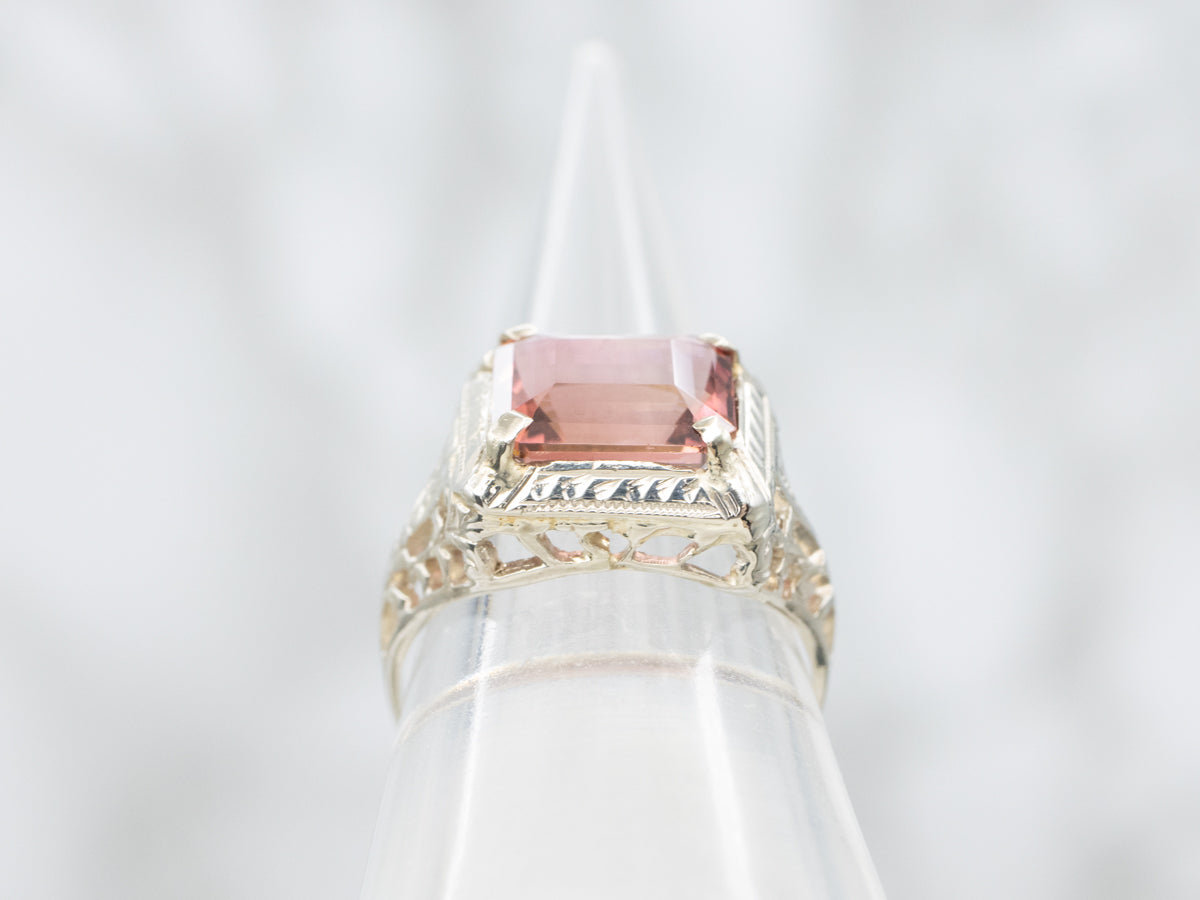 Dusty Rose Pink Tourmaline Art Deco Ring