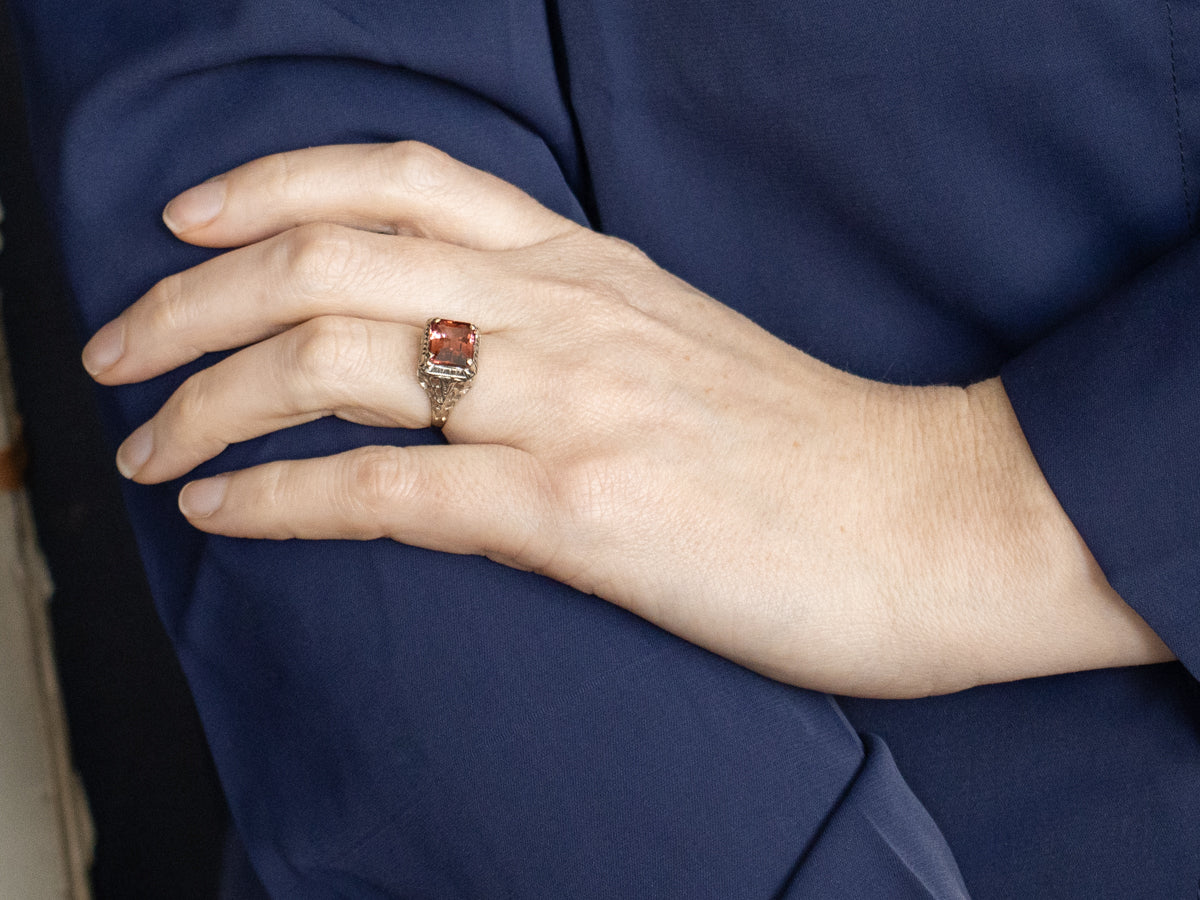Dusty Rose Pink Tourmaline Art Deco Ring