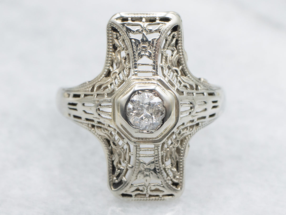 Art Deco Filigree Dinner Ring with Old Mine Cut Diamond Center